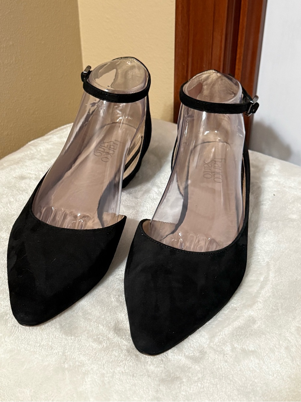 Franco Sarto Black Pointed Suede Ankle Strap Flats